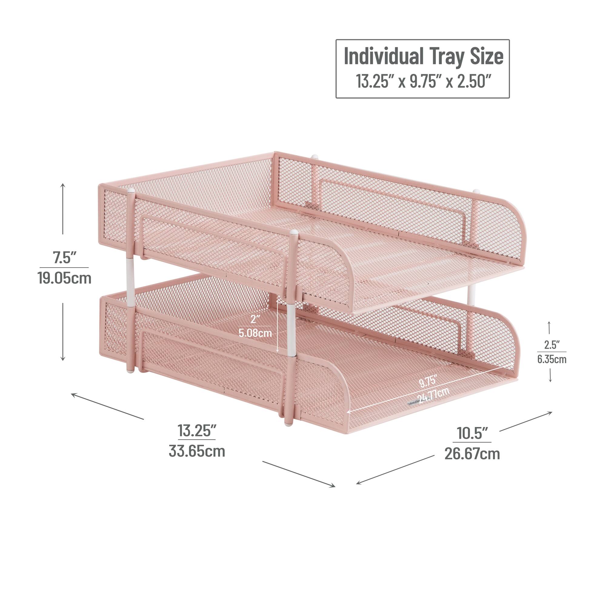 Mind Reader Stackable Paper Tray, Desktop Organizer, File Storage, Office, Metal Mesh, 10.5"L x 13.25"W x 7.5"H, 2 Pcs, Pink